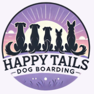 The logo for happy tails dog boarding